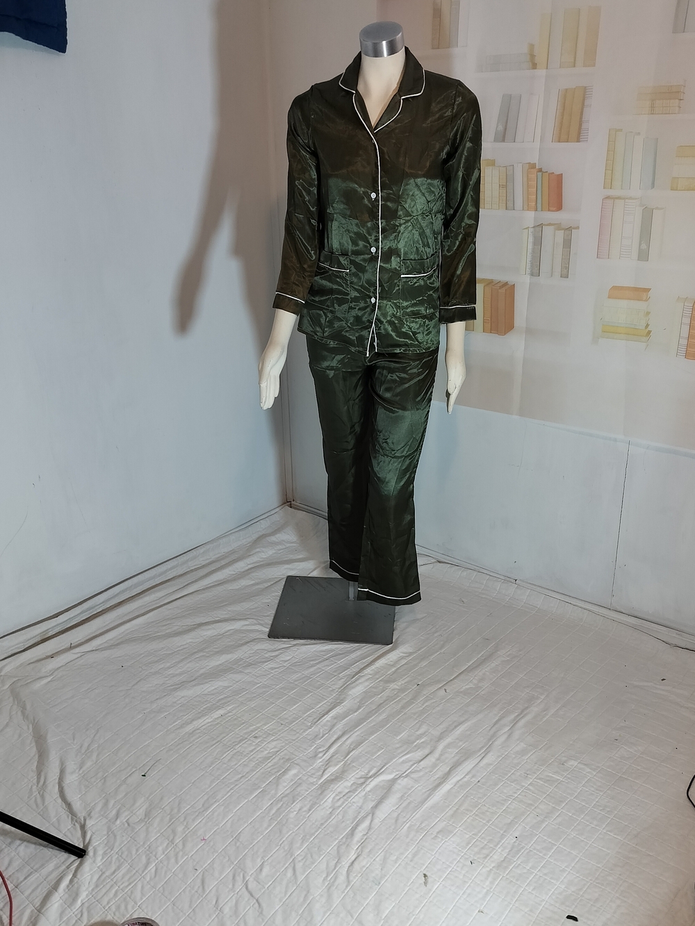 Pajamas Silky Dark Green Women’s Pajama Set with Contrast Piping